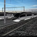 White High Speed Train Moving On Railway Track With Overhead Electric Wires Under Clear Sky