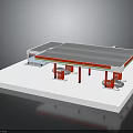 Modern Gas Station Building With Gray Roof Red Pillars And Fuel Dispensers