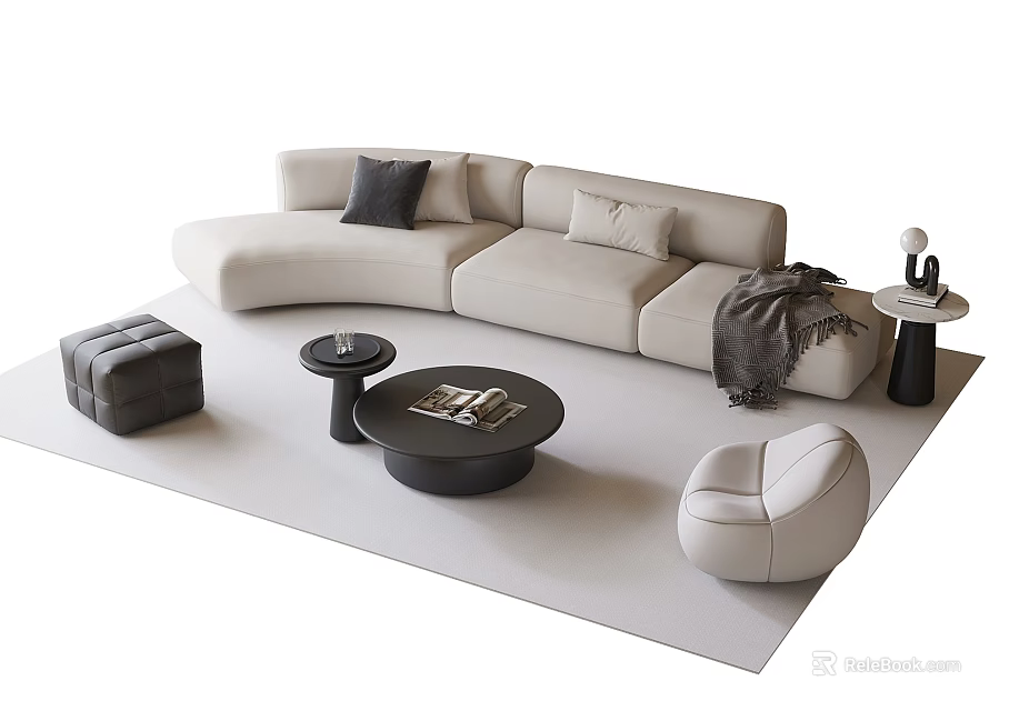 Modern Beige Sofa and Round Black Coffee Table Set with Pillows Throw Blanket and Ottoman 3d model 