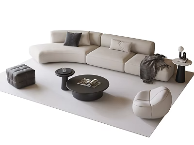 Modern Beige Sofa and Round Black Coffee Table Set with Pillows Throw Blanket and Ottoman 3d model