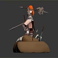 Warrior Woman with Red Hair in Armor Standing on Pedestal With Skull and Weapons