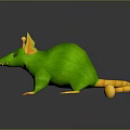 3D Green Rodent Character With Yellow Ears And Tail Standing On Reflective Surface