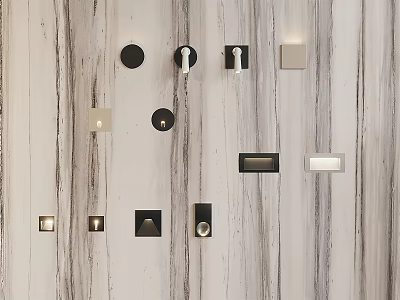 Various Modern Wall Lamps With Different Designs On Wooden Textured Wall 3d model