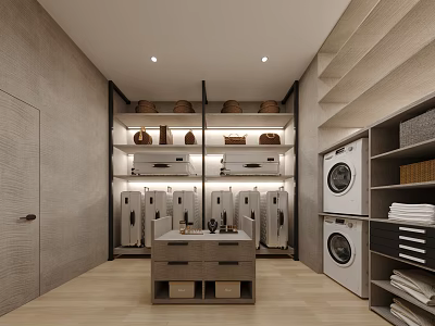 Modern Laundry Room Interior With Washing Machines Storage Baskets Shelves And Central Sink Counter 3d model