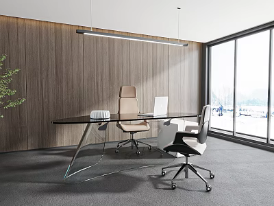 Modern Office Interior Design With Wooden Wall Large Windows Glass Top Desk And Office Chairs 3d model