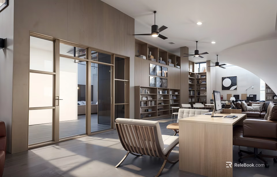 Modern Cultural Center Interior Design With Wooden Bookshelves And Seating Areas 3d model 