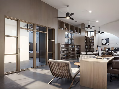 Modern Cultural Center Interior Design With Wooden Bookshelves And Seating Areas 3d model
