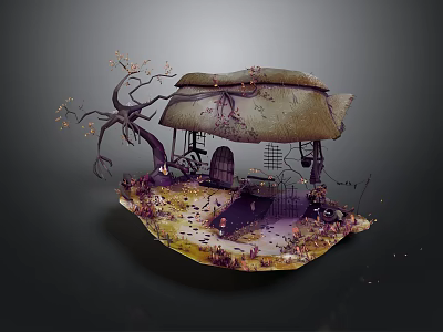 Enchanting Thatched Cottage Scene With Decorative Branches Purple Yellow Grassland And Small Decorations 3d model