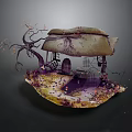 Enchanting Thatched Cottage Scene With Decorative Branches Purple Yellow Grassland And Small Decorations