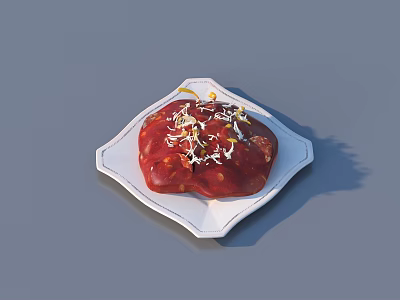 Red Food Served On White Plate With White Shredded Toppings And Yellow Garnish 3d model