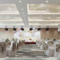 Elegant Banquet Hall Interior With Set Tables Chairs Centerpieces And Chandeliers