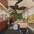 Modern Restaurant Interior With Wooden Tables Green Plants And Hanging Lights