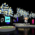 Illuminated Tree Like Decorations On Circular Bases With Colorful City Billboards