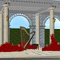 Photo Spot With White Columns Wrought Iron Arches Yellow Lanterns Harp And Red Bushes