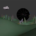 Cartoon Scene With Green Hills Pine Trees Big Moon Flying Birds And Blue Wolf