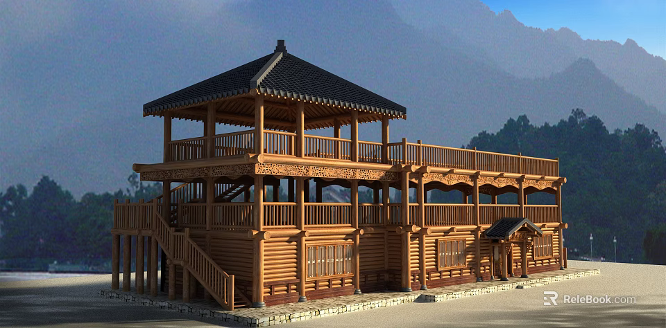 Traditional Wooden Two Story Pavilion Building With Scenic Mountain Range Background 3d model 