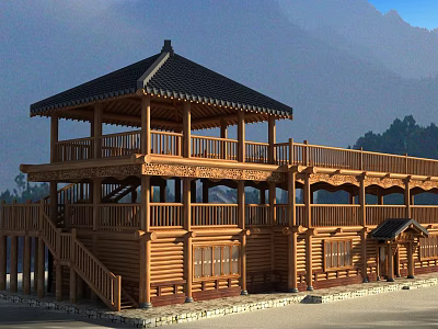 Traditional Wooden Two Story Pavilion Building With Scenic Mountain Range Background 3d model