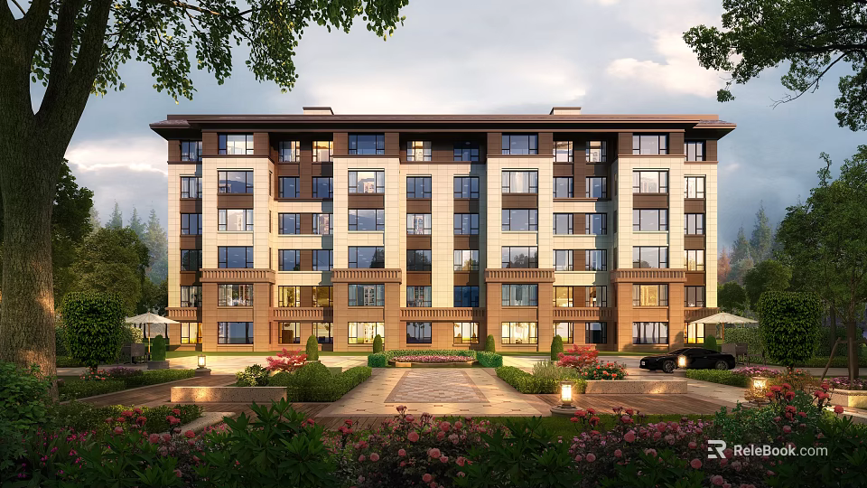 Three Story Townhouse Exterior With Landscaped Garden Large Windows And Front Entrance 3d model 