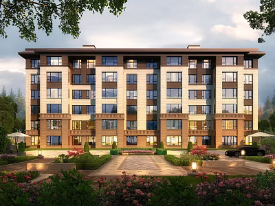 Three Story Townhouse Exterior With Landscaped Garden Large Windows And Front Entrance 3d model
