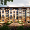 Three Story Townhouse Exterior With Landscaped Garden Large Windows And Front Entrance