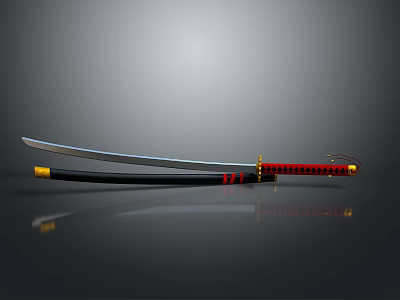 Traditional Samurai Sword Weapon With Silver Blade Red Gold Hilt And Black Scabbard 3d model