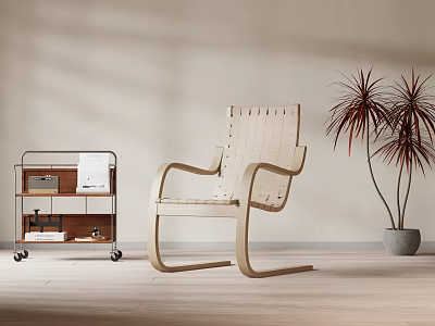 Leisure Chair With Wooden Frame And Woven Seat Next To Metal Cart And Potted Plant 3d model