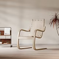 Leisure Chair With Wooden Frame And Woven Seat Next To Metal Cart And Potted Plant