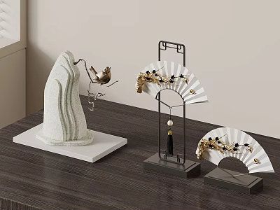 Elegant Chinese Decorative Ornaments With Fan Shapes Rock Sculpture And Bird Accents 3d model