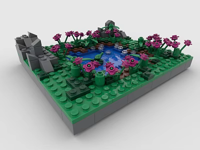 Creative Building Blocks Scene With Green Base Pink Flowers Blue Pond And Gray Structure 3d model