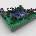 Creative Building Blocks Scene With Green Base Pink Flowers Blue Pond And Gray Structure