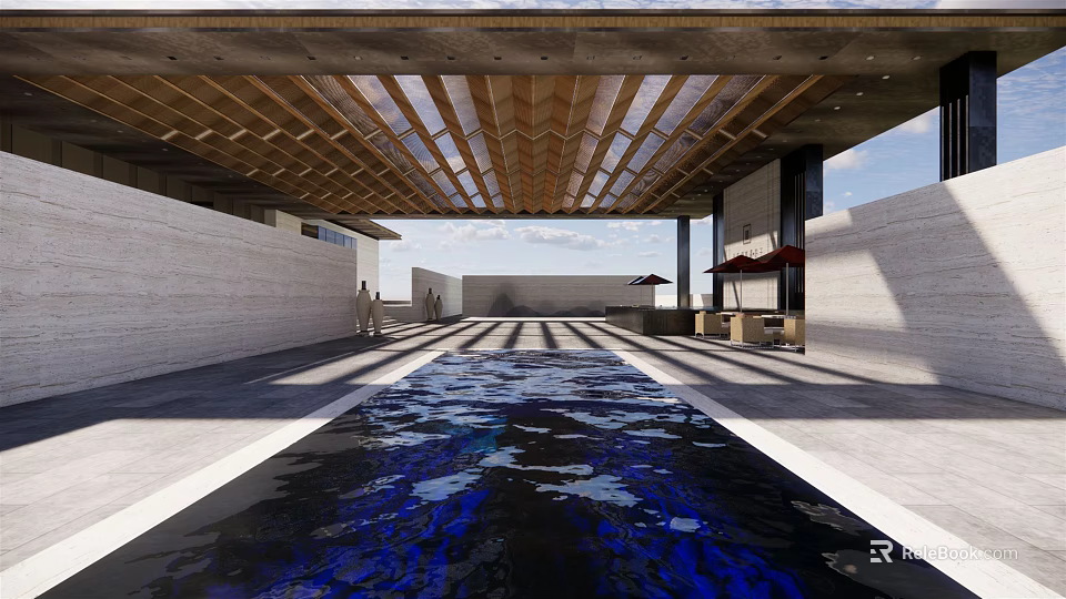 Modern Sales Office Building Featuring Wooden Roof Water Pool And Natural Light 3d model 