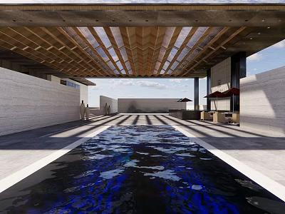 Modern Sales Office Building Featuring Wooden Roof Water Pool And Natural Light 3d model