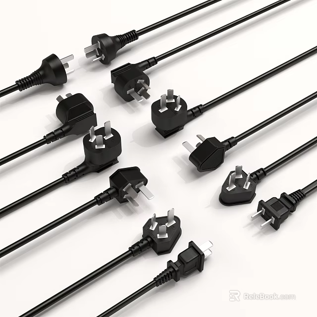 Black Power Cord Plugs Various Types For Switch Panel Electrical Use 3d model 