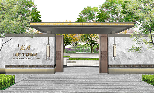 New Chinese Style Gate Demonstration Area Entrance Landscape Gate Entrance Courtyard Door 3d model