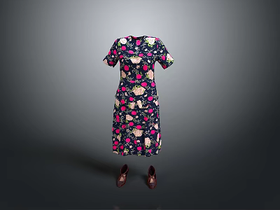 Short Sleeved Dark Dress With Pink White Floral Pattern And Brown Shoes For Daily Use 3d model