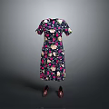 Short Sleeved Dark Dress With Pink White Floral Pattern And Brown Shoes For Daily Use