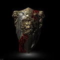 Ornate Medieval Shield with Intricate Lion Head Design Golden Accents and Red Ribbon Details