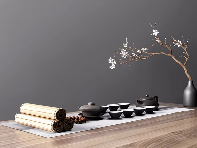 Traditional Tea Set with Teapot Cups Bamboo Scrolls Black Vase and White Blossom on Wooden Table 3d model