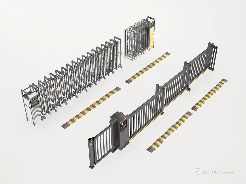 Access Control Security Gates With Retractable Design Barrier Systems And Warning Strips 3d model 