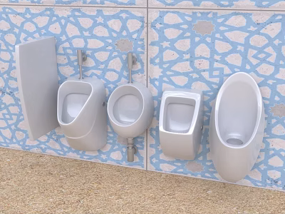Various Modern Urinals Mounted on Blue Patterned Tile Wall in Bathroom 3d model