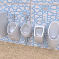 Various Modern Urinals Mounted on Blue Patterned Tile Wall in Bathroom