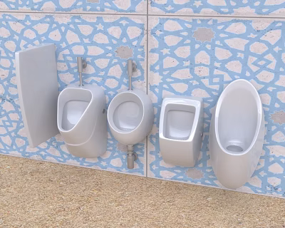 Various Modern Urinals Mounted on Blue Patterned Tile Wall in Bathroom 3d model