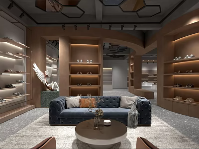 Elegant Modern Clothing Store Interior With Warm Illuminated Shoe Shelves And Cozy Customer Lounge 3d model
