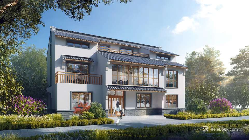 Chinese Style Multistory Apartment Exterior With Greenery And Large Windows 3d model 