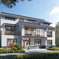 Chinese Style Multistory Apartment Exterior With Greenery And Large Windows