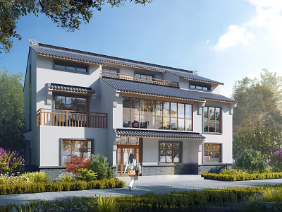 Chinese Style Multistory Apartment Exterior With Greenery And Large Windows 3d model