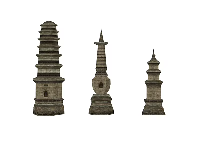 Three Traditional Ancient Stone Pagodas With Different Architectural Styles And Structures 3d model