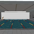 Indoor Swimming Pool Interior With Blue Lane Lines Swimmers And White Strip Lighting