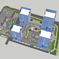 Modern Commercial Complex With High Rise Towers Central Plaza And Green Areas