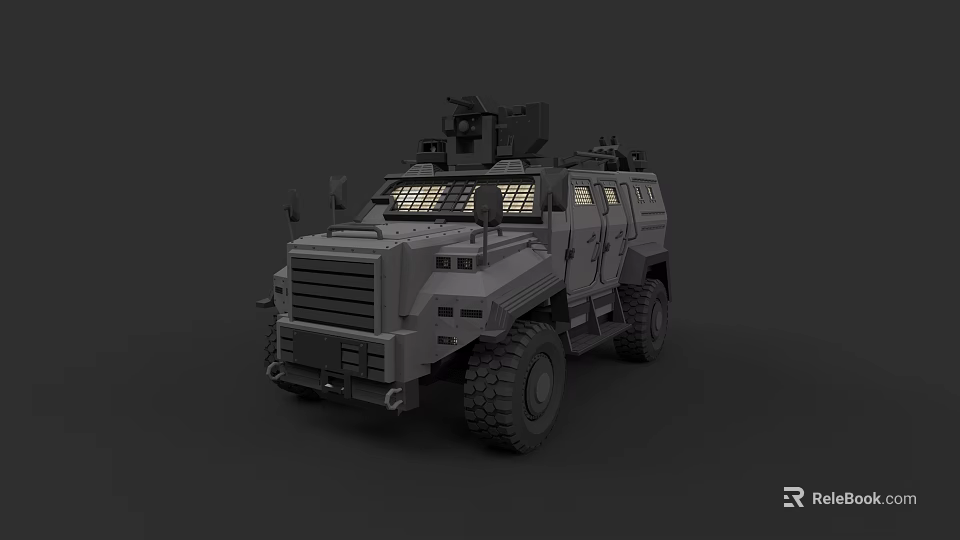 Gray Military Armored Vehicle With Large Tires And Roof Mounted Weapon System 3d model 